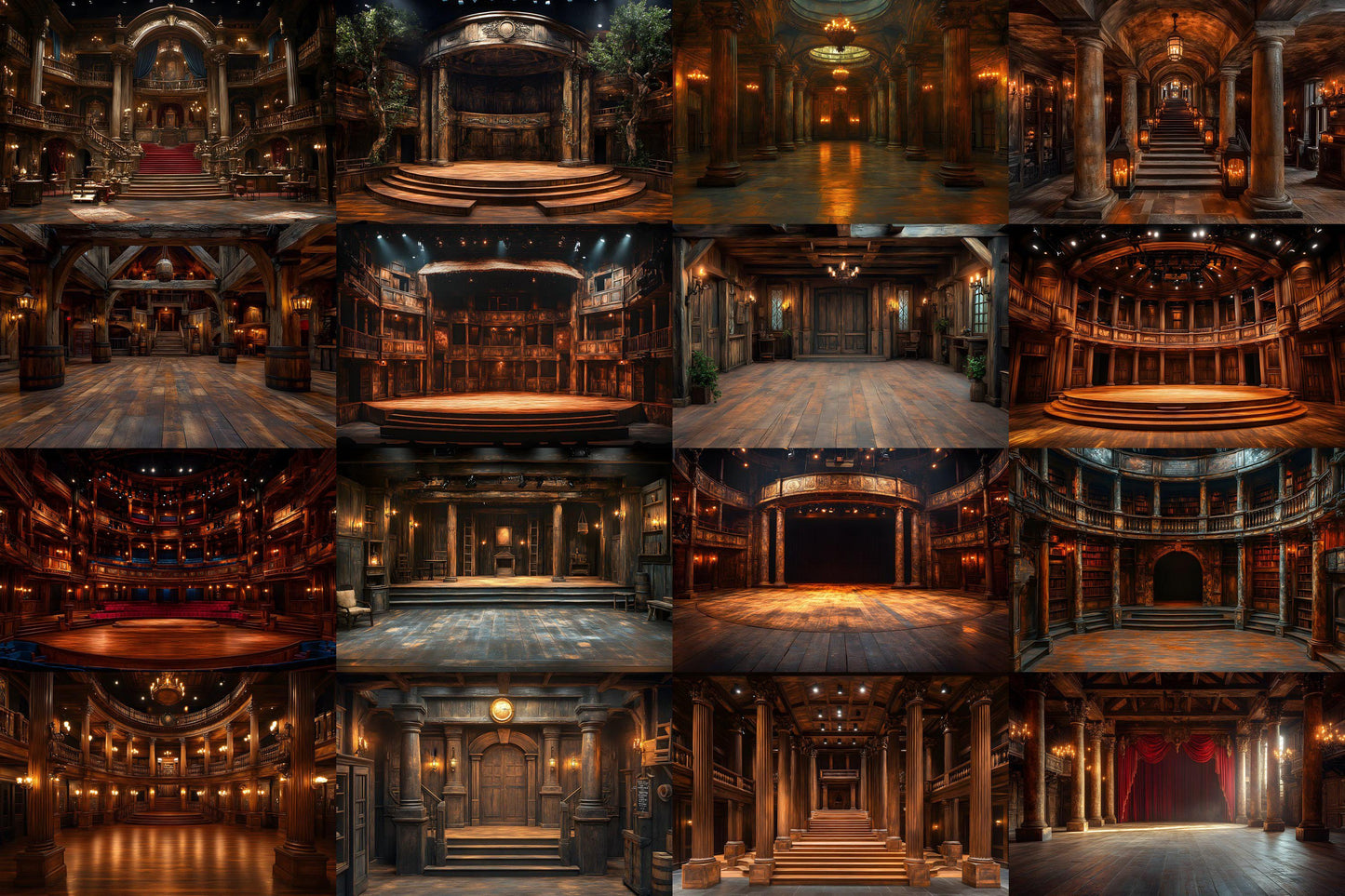Shakespearean Stage Backdrops - Vintage Theatrical, Dramatic Play Scene, Regal Digital Backgrounds