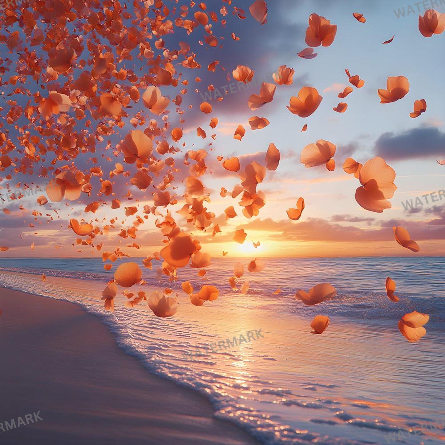 Sunset Oasis Backdrops, Dreamy Beach Photography Backgrounds, Pink Petal Shoreline Scenes, Sunset Beach Wedding and Maternity Backdrops