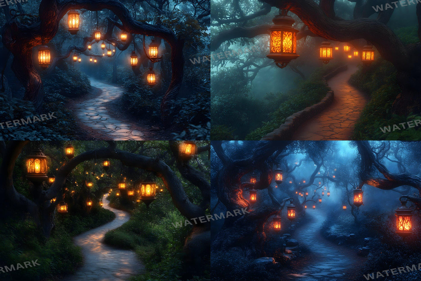 Lantern Pathway Magic Backdrops - Enchanted Forest and Glowing Night Trails Digital Backgrounds for Photoshop & Master Overlays