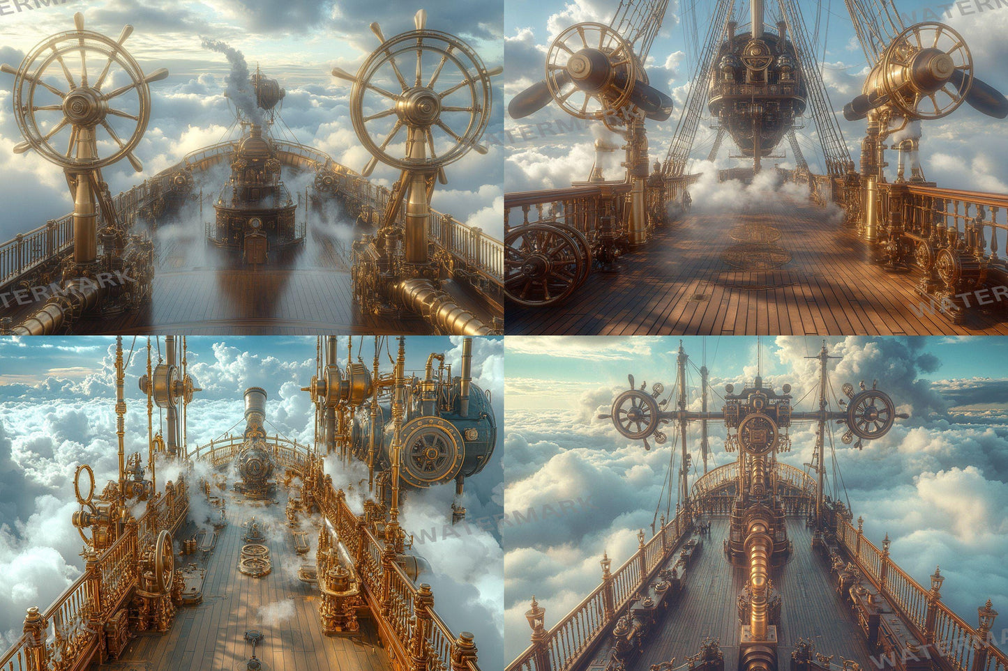 Airship Deck Digital Backdrops - Steampunk Sky Junk Journal & Scrapbook Papers - Fantasy Airship Backgrounds - Photo Overlays - Steampunk