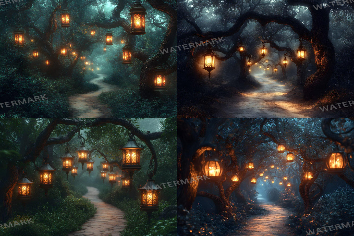 Lantern Pathway Magic Backdrops - Enchanted Forest and Glowing Night Trails Digital Backgrounds for Photoshop & Master Overlays