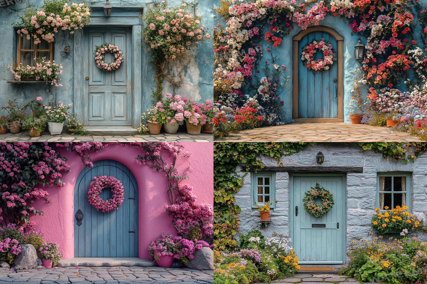 Pastel Cottage Door Backdrops, Fairy Tale Digital Backgrounds, Whimsical House Photography Props, Floral Entrance Composites