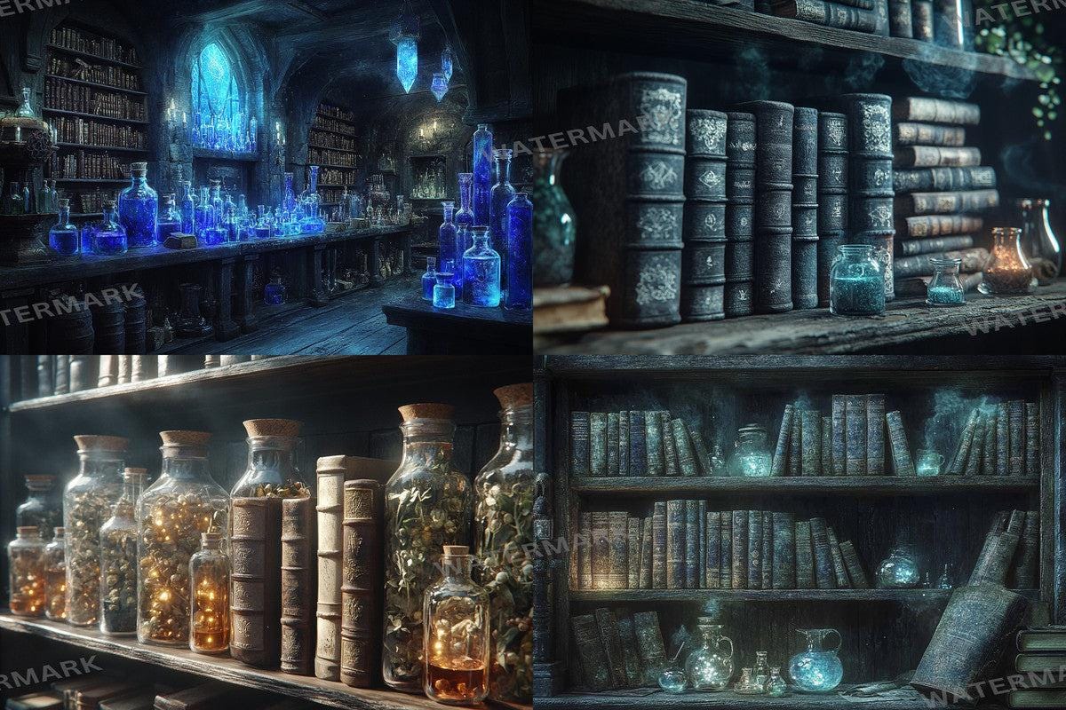 ALCHEMISTS LIBRARY - 4Magical Witchcraft Photography Backdrops in Warm Aesthetic Ideal for Artists Designers