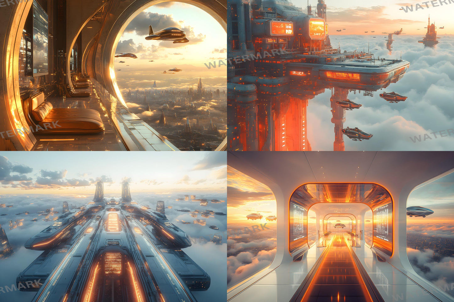 Futuristic Transit Hub Backdrops, Digital Sci-Fi Backgrounds, Hi-Tec City Aesthetic, Photoshop Overlays - Futuristic City Backgrounds