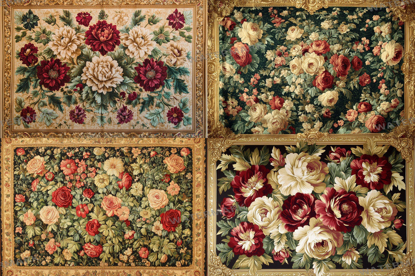 Baroque floral tapestry digital backdrops, ornate PNG overlays, vintage fabric photo backgrounds, classical photography composite scenes