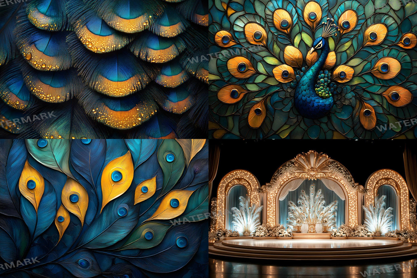 Peacock Deco Stage Backdrops | Elegant Art Deco Peacock Digital Backgrounds | Luxurious Gold & Teal Stage Design | Instant Download
