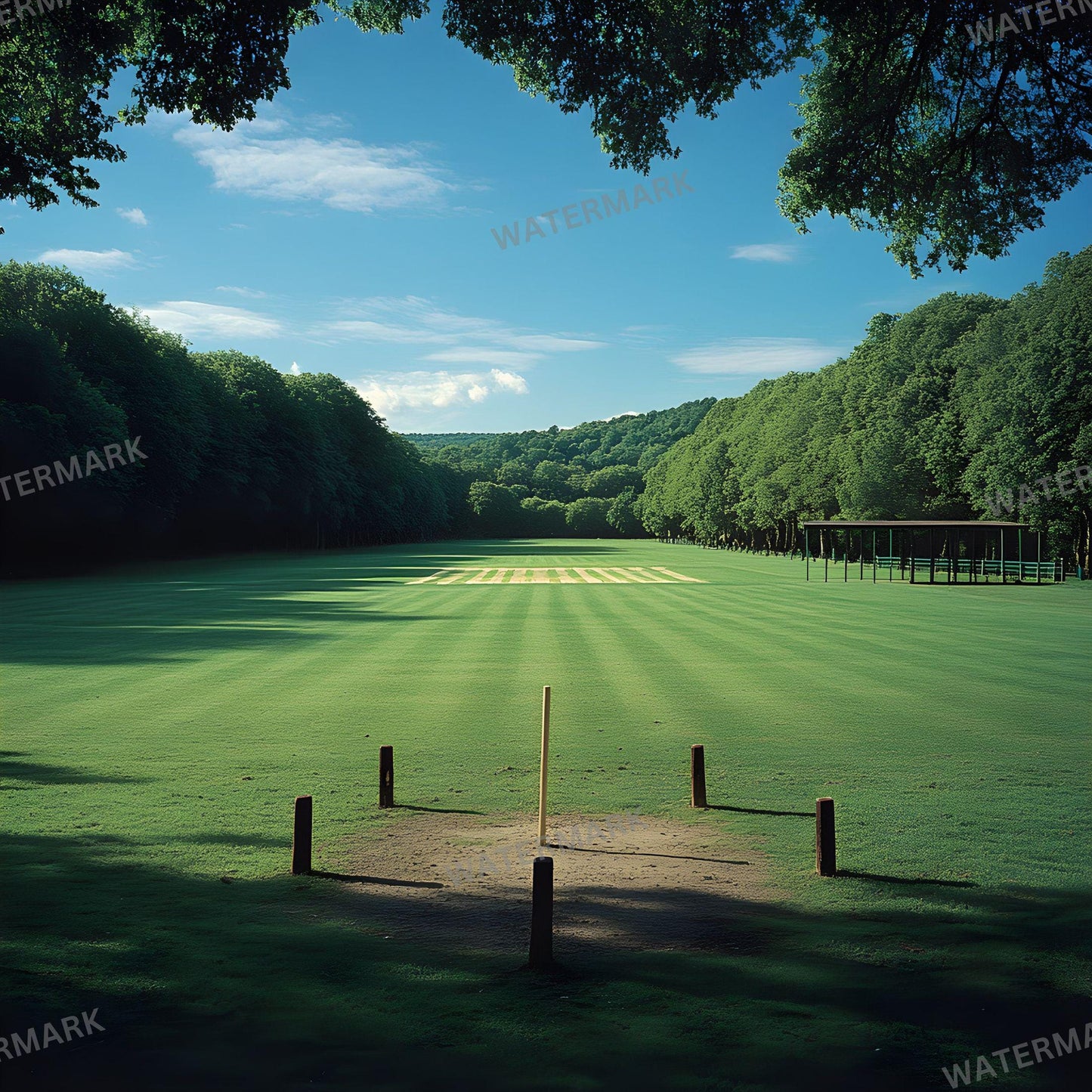 a large open field with trees in the background