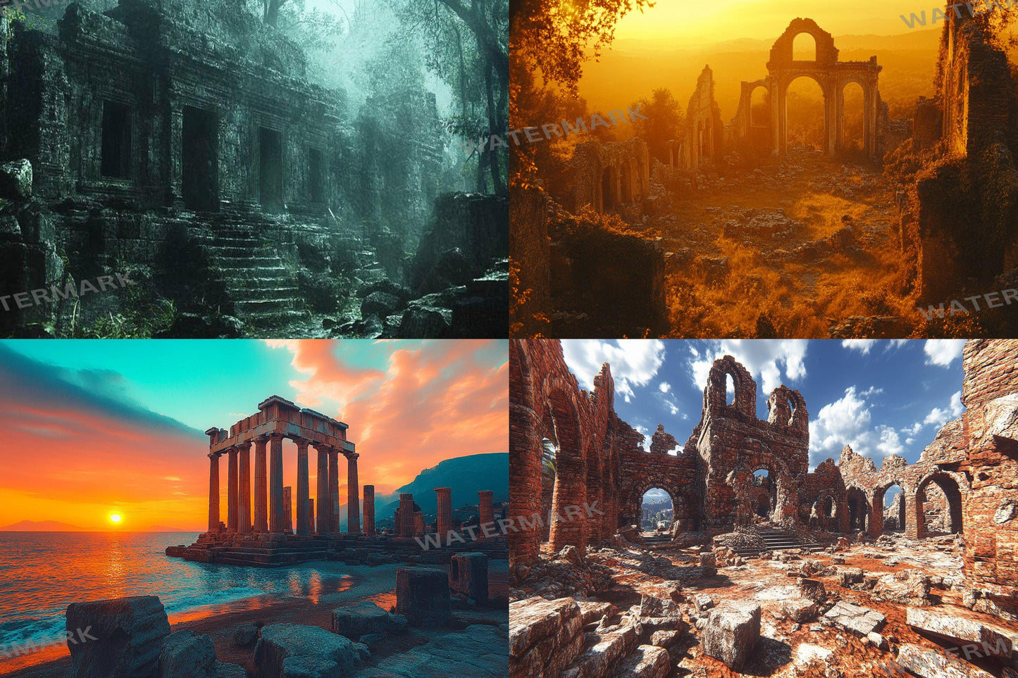 Ancient Ruins digital backdrop, 16:9 ratio. Overgrown ruins with sunlight, streaming and photography backdrops.