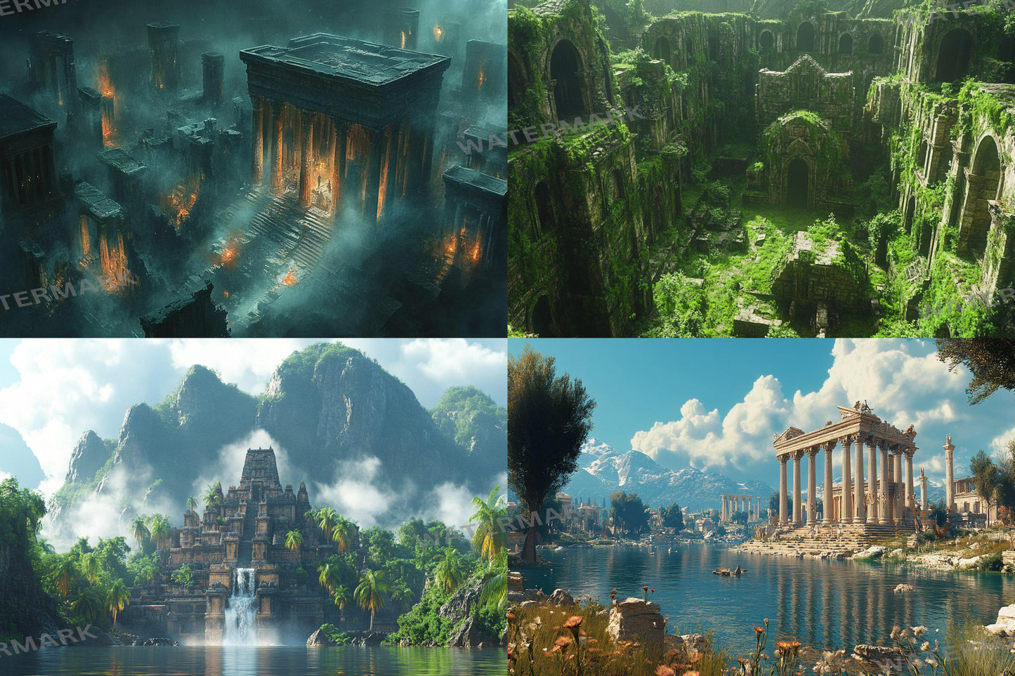Ancient Ruins digital backdrop, 16:9 ratio. Overgrown ruins with sunlight filtering through mist, streaming and photography backdrops.