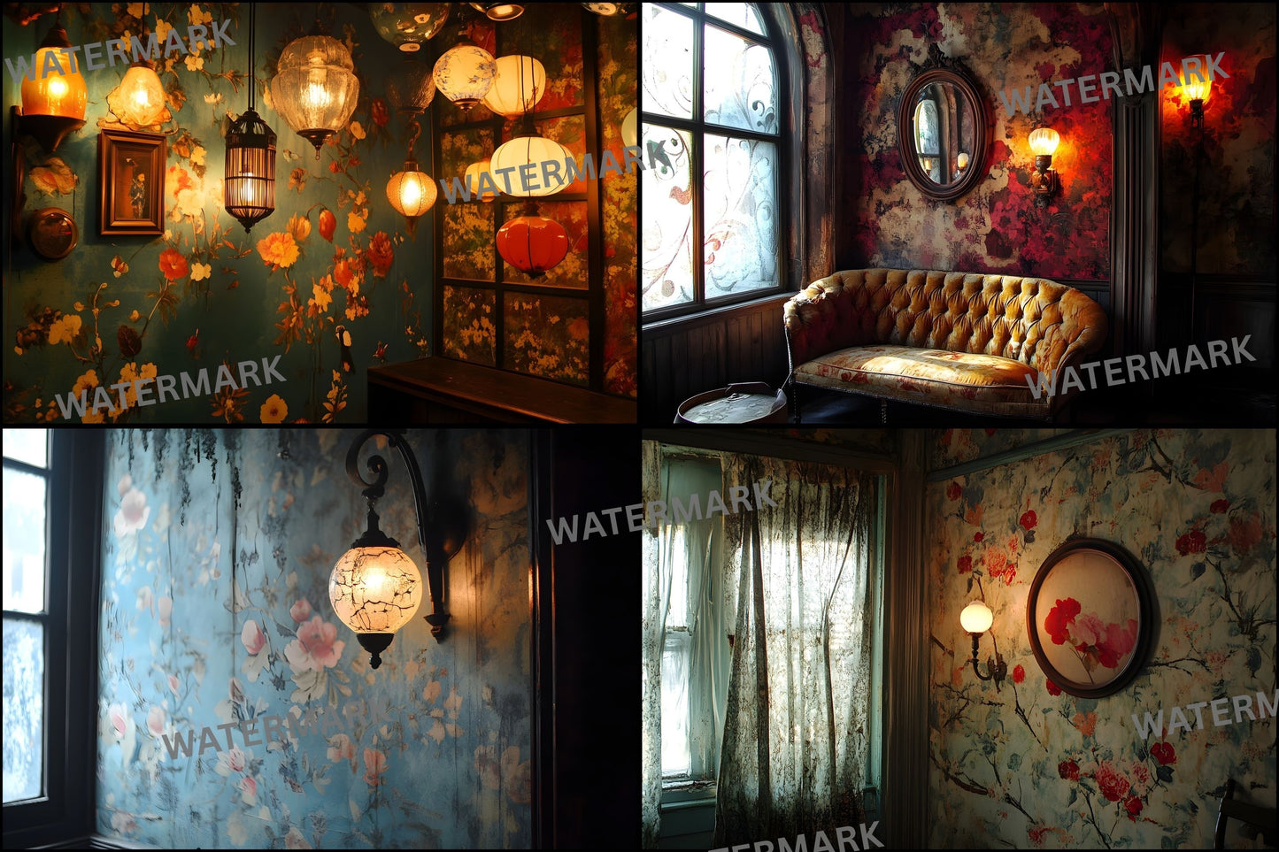 Vintage Wallpaper Room Digital Backdrop, Photography Backgrounds, Antique Interior Photo Prop, High-Res Image for Photographers