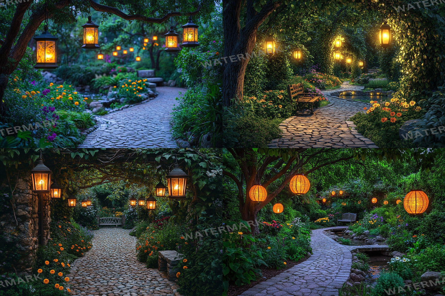 Hidden Lantern Garden Backdrop: PNGs for Enchanting Night Photography, Magical Forest Lantern Scenes, Serene Secret Garden Backdrop