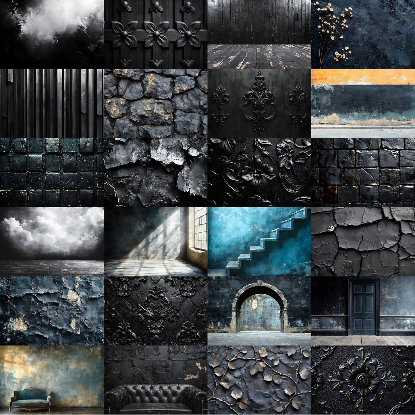 Vintage Black Textured Wall Digital Backdrop, Dark Photography Background for Portrait, Moody Fine Art Texture