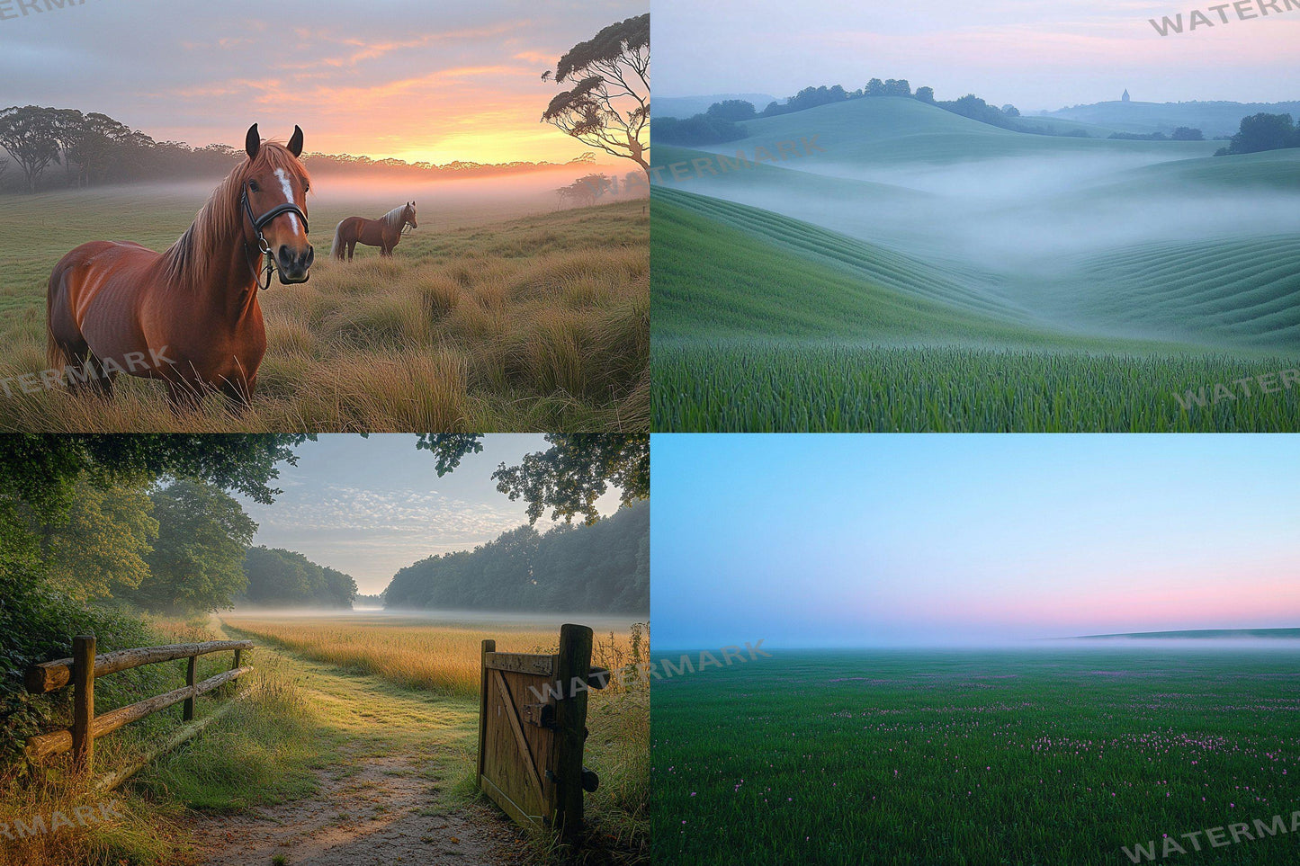 Misty Morning Fields Backdrops, Serene Countryside Digital Backgrounds, Sunrise Nature Photography Props, Rural Landscape Composites
