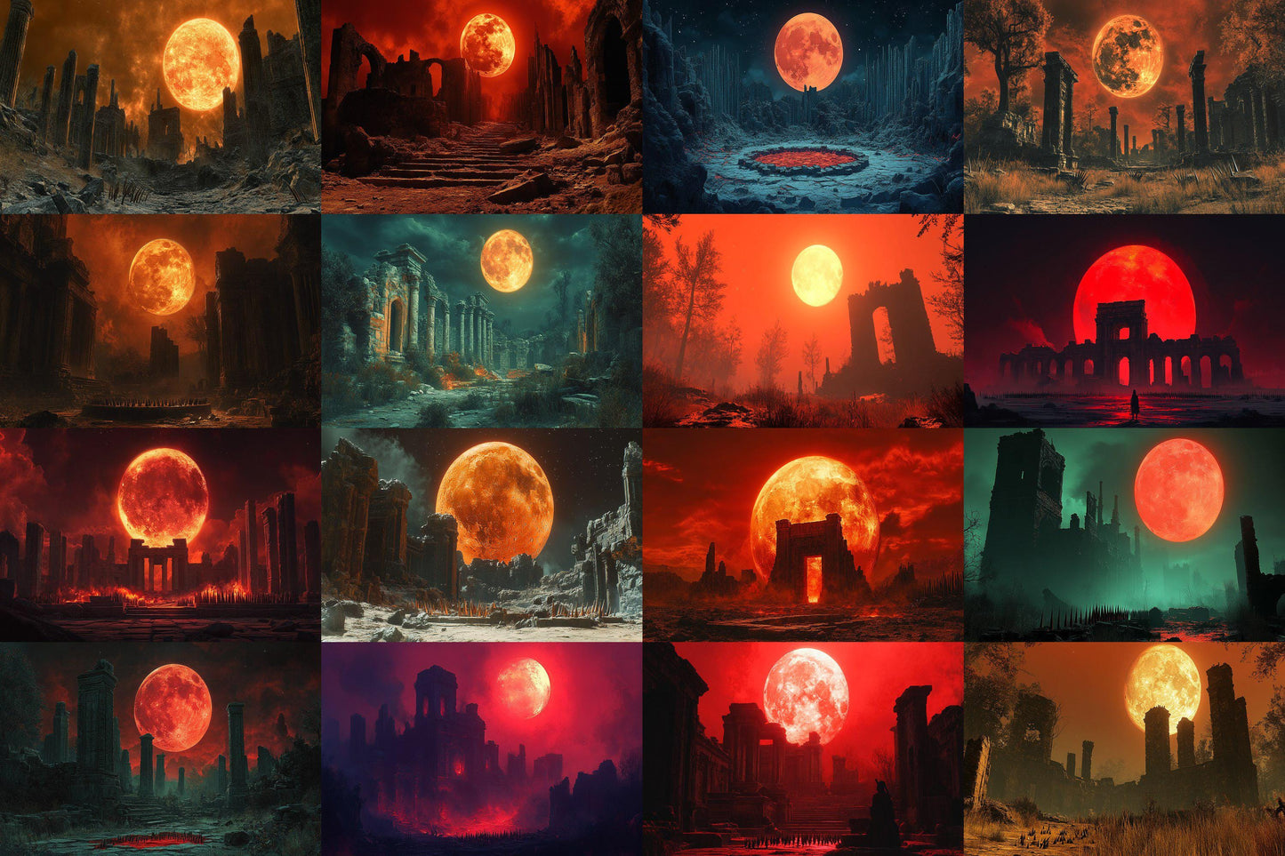 Blood Orange Moon streaming background, 16:9 ratio. Dark sky with a fiery orange moon, perfect for TV wallpaper or digital backdrops
