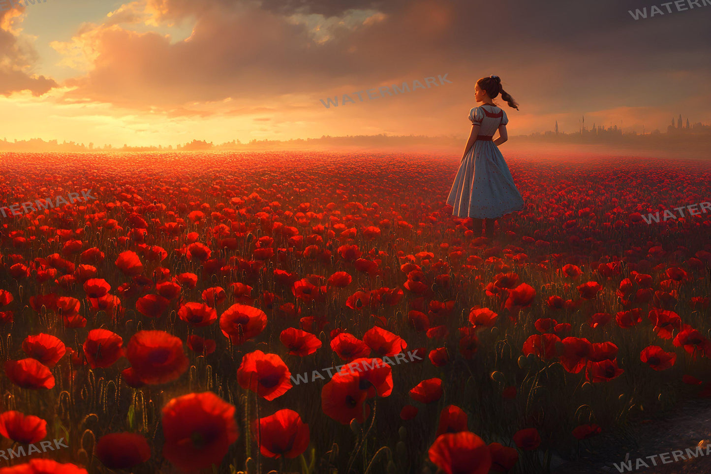 Dreamy Poppy Fields Digital Backdrop, Wizard of Oz Photography Background with Solitary Figure, Red Flower Landscape Scene