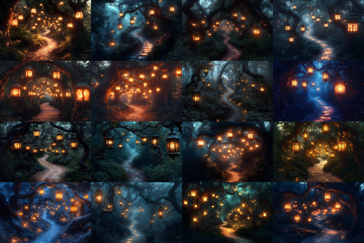 Lantern Pathway Magic Backdrops - Enchanted Forest and Glowing Night Trails Digital Backgrounds for Photoshop & Master Overlays