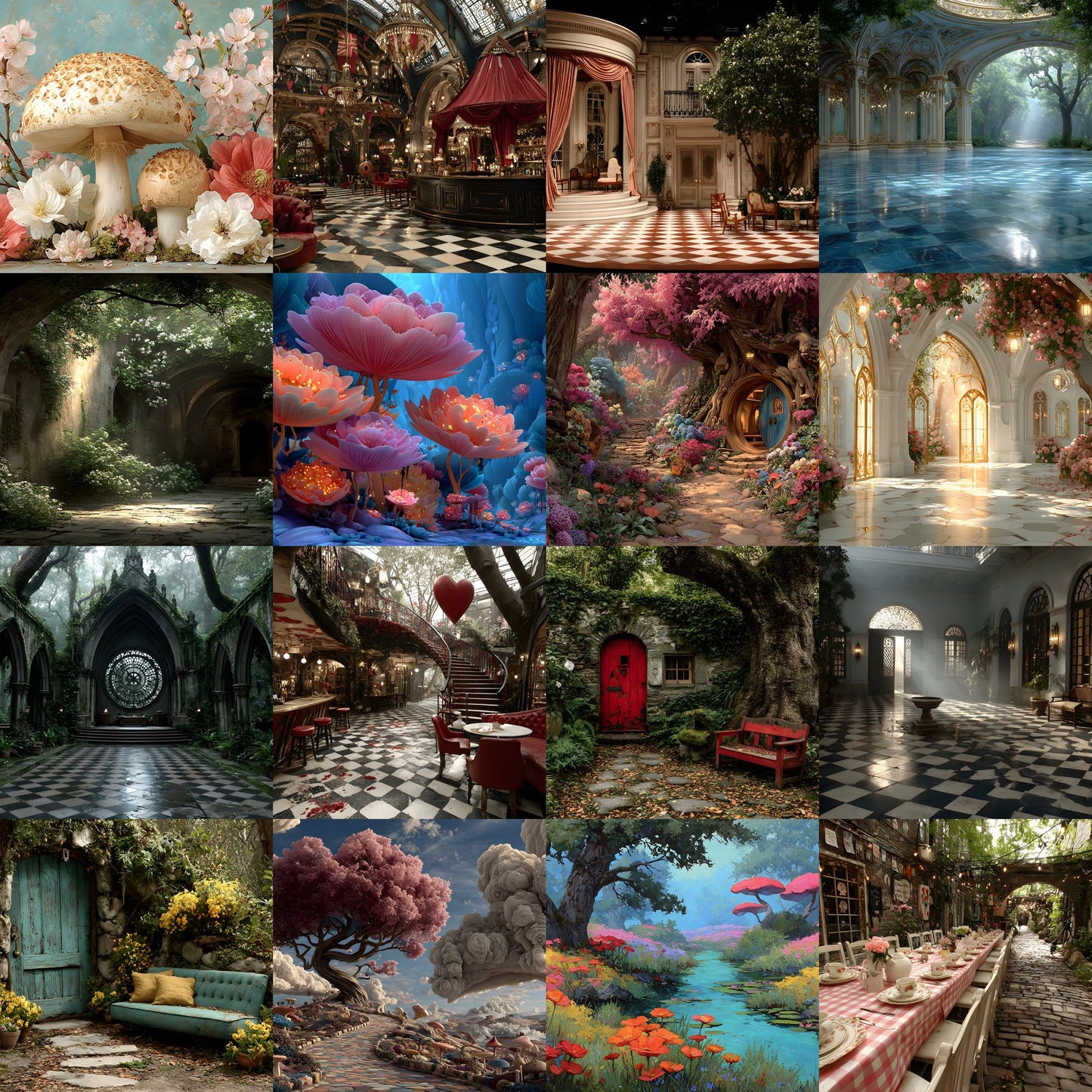 Alice in Wonderland Backdrop Bundle, Whimsical Digital Backgrounds for Photography, Storybook Theme, Fantasy Photo Booth, High-Res Images, Landscape