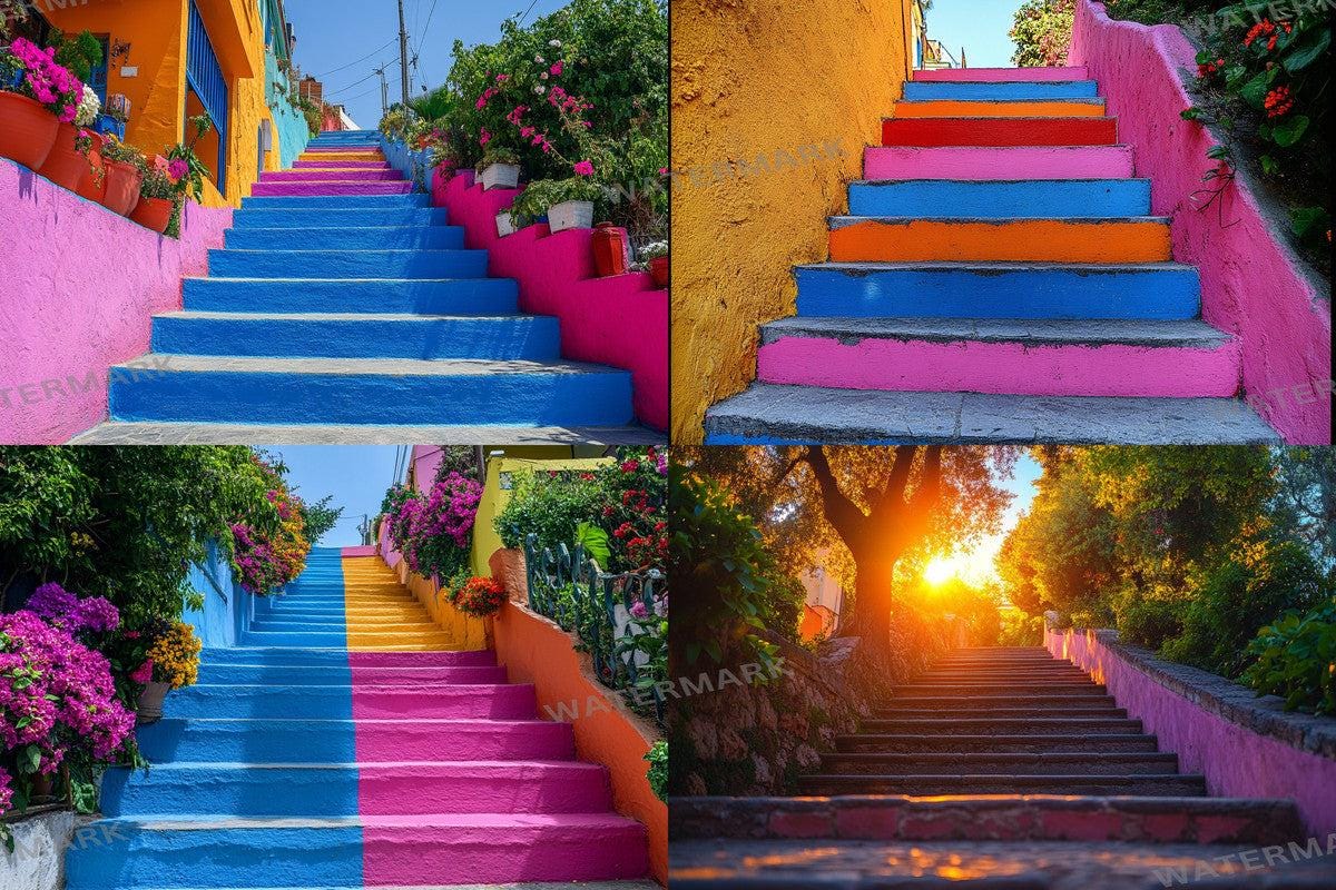 Urban Colorful Stairs - Photography Backdrops - Photoshop Backgrounds - Colourful Master Overlay - Photo Editing - Vibrant City Stairs