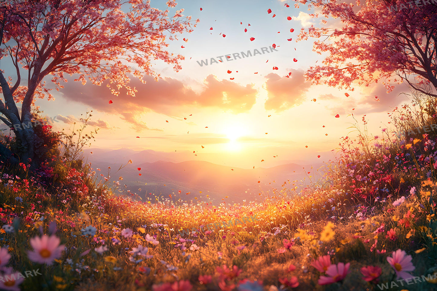 Sunset Wildflowers Digital Backdrops - Warm Golden Hour Field, Summer Bloom Photography Backgrounds - Maternity, Wedding Backdrops