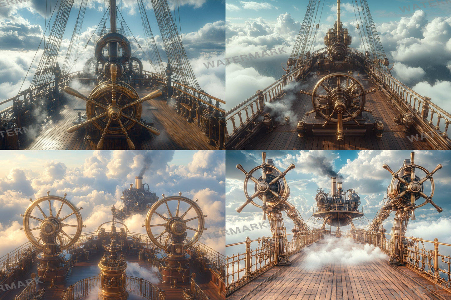 Steampunk Airship Deck Backdrops, Fantasy Sky Digital Backgrounds, Victorian Vehicle Scenes, Scrapbooking - Steampunk Backgrounds