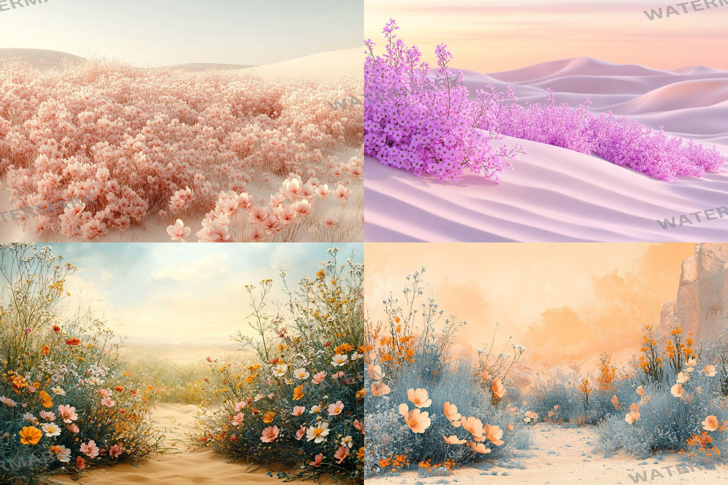 Modern Desert Bloom Backdrops, Boho Southwestern Digital Backgrounds, Pastel Floral Photography Props, Arid Landscape Composites