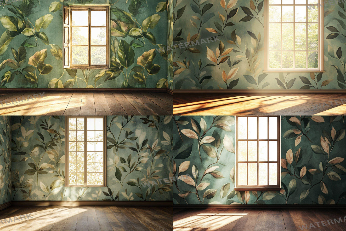Botanical Window View Backdrops, Digital Forest Room Photography Props, Nature Interior Digital Backgrounds, Vintage Woodland Wallpapers