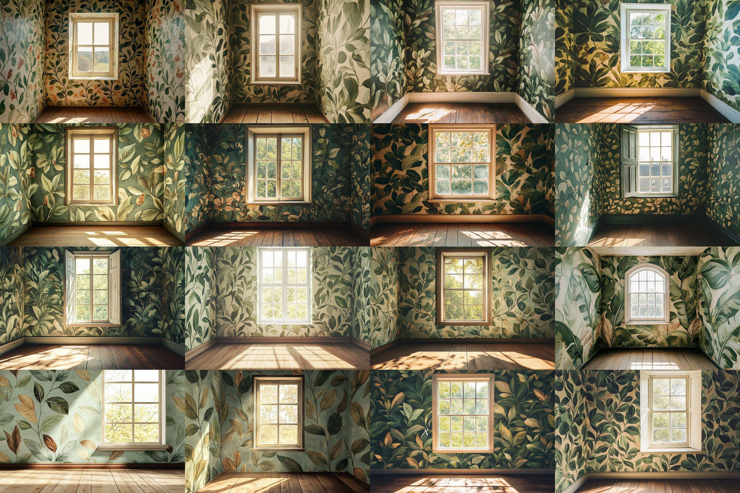 Botanical Window View Backdrops, Digital Forest Room Photography Props, Nature Interior Digital Backgrounds, Vintage Woodland Wallpapers