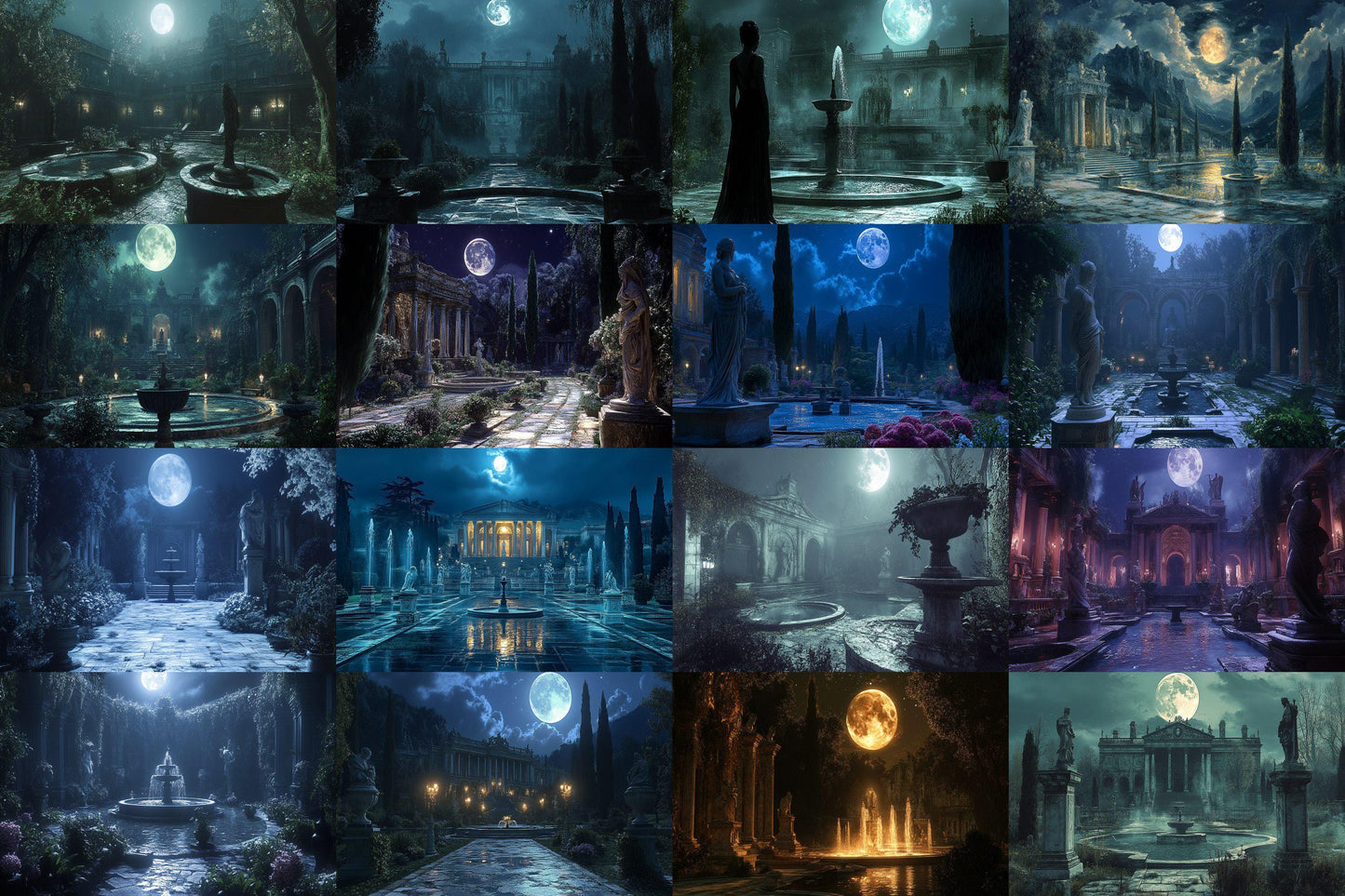 Moonlit Palace digital backdrop, 16:9 ratio. Majestic palace under the glow of the moon, perfect for streaming backgrounds or TV wallpaper