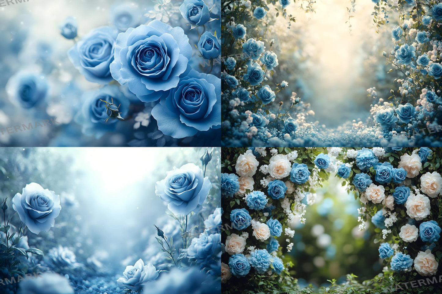 Blue Rose Garden Backdrops, Floral Fantasy Backgrounds, Dreamy Digital Overlays - Floral Backdrops - Wedding, Maternity Backdrop, Garden