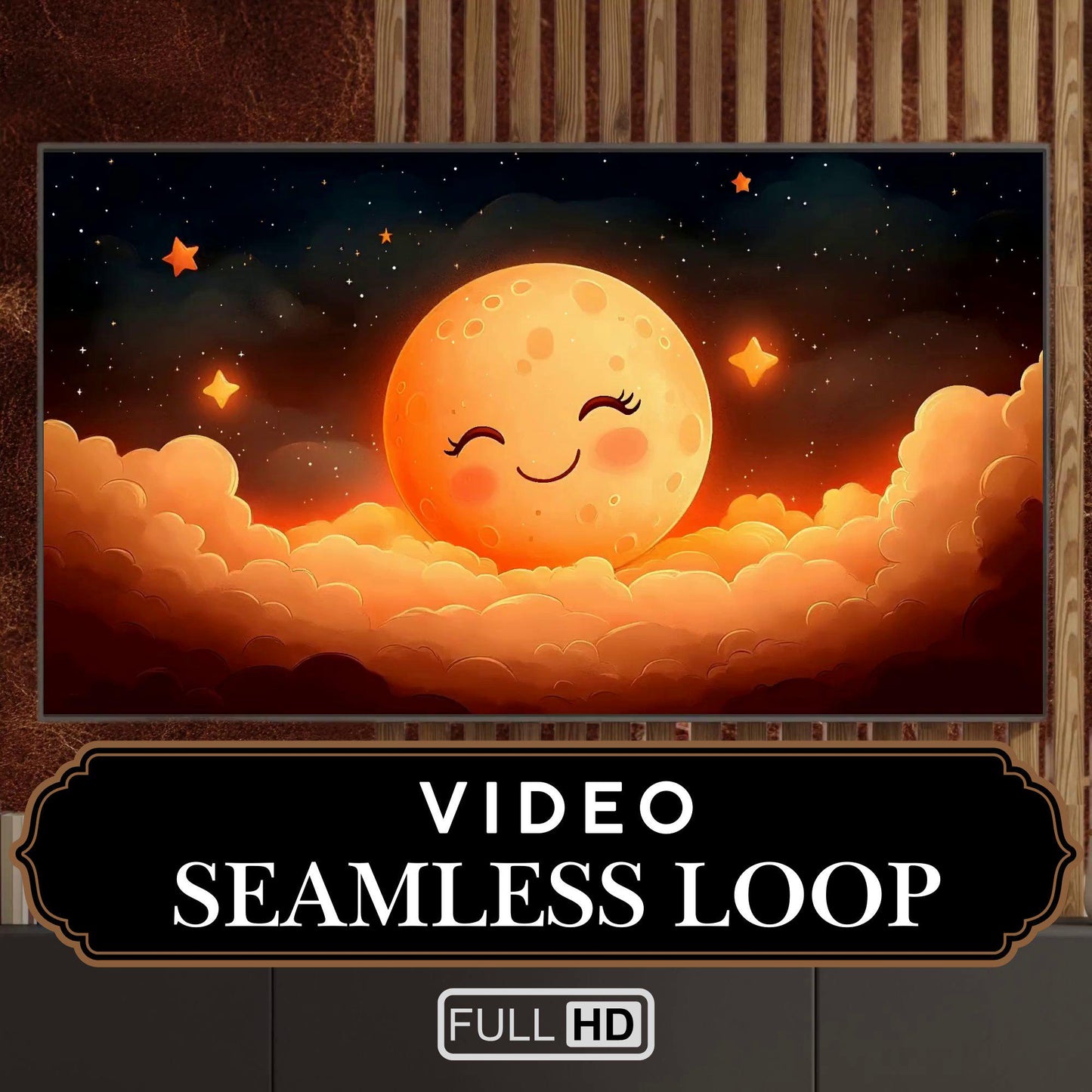 Animated Stream Screen Smiley Moon in the Clouds at Night, Aesthetic Twitch Overlay - Moonface Cozy Night - Moon Themed Animated Video Loop