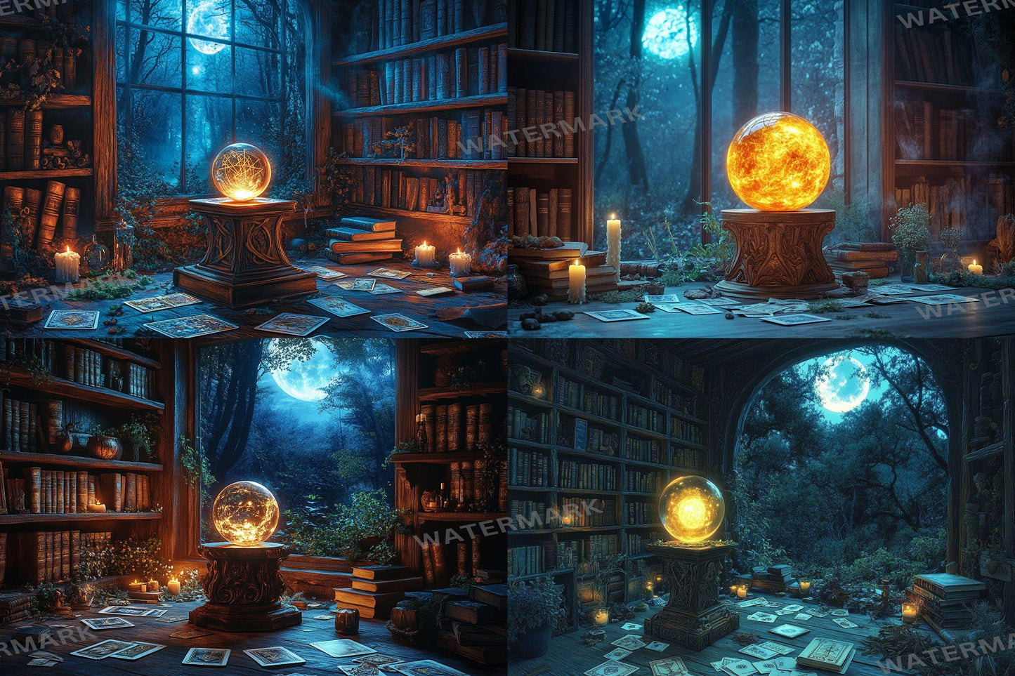 Witch Crystal Ball Backdrop: 4PNGs for Mystical Fortune Teller Photos, Magical Halloween Decor, Occult Divination Digital Backdrops