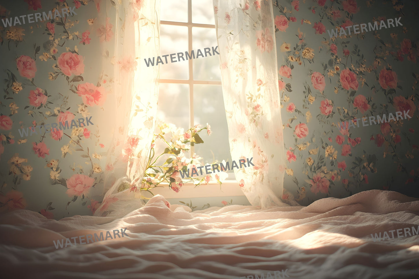 Floral Vintage Wallpaper Digital Backdrop, Shabby Chic Photography Background, Antique Flower Portrait Photo Booth, Images
