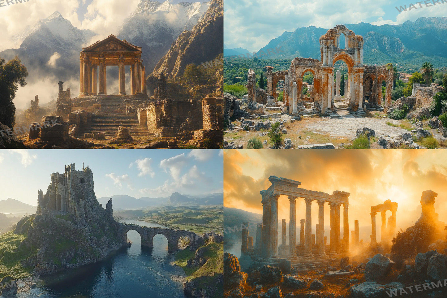 Ancient Ruins digital backdrop, 16:9 ratio. Overgrown ruins with sunlight, streaming and photography backdrops.