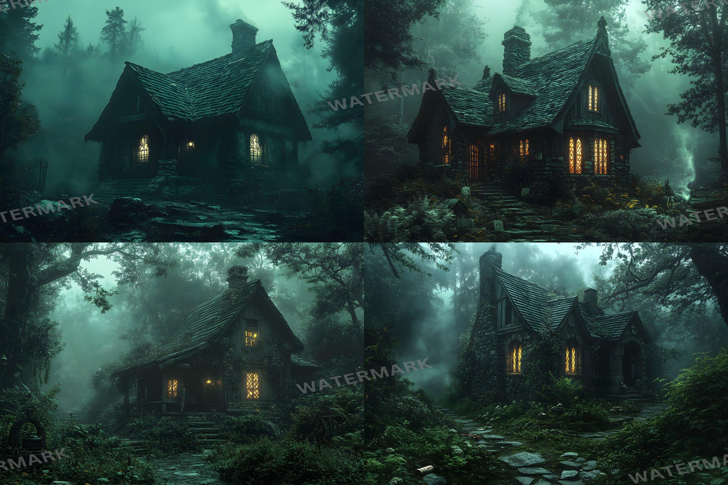 Witch Cottage Retreat Backdrops, Enchanted Forest Hideaways, Cozy Magical Cabins, Mystical Woodland Scenes, Digital Fantasy Backgrounds
