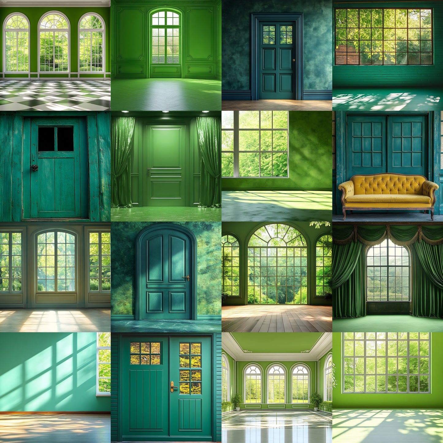 Royal Green Interior Backdrop Set, Photography Backgrounds, Digital Download for Photographers, Elegant Home Decor Photo Overlays