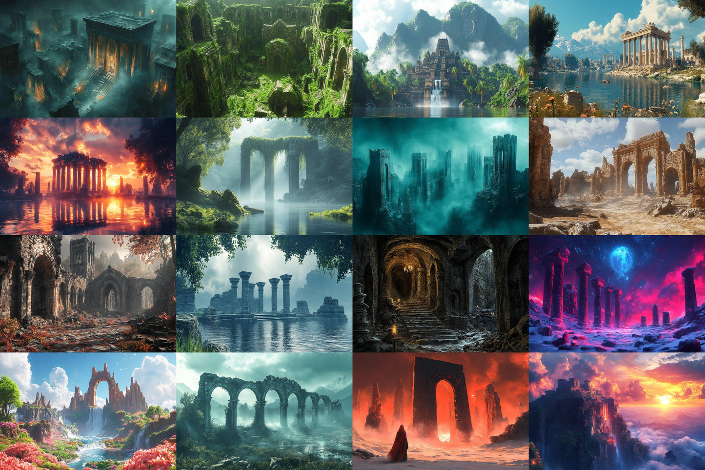 Ancient Ruins digital backdrop, 16:9 ratio. Overgrown ruins with sunlight filtering through mist, streaming and photography backdrops.