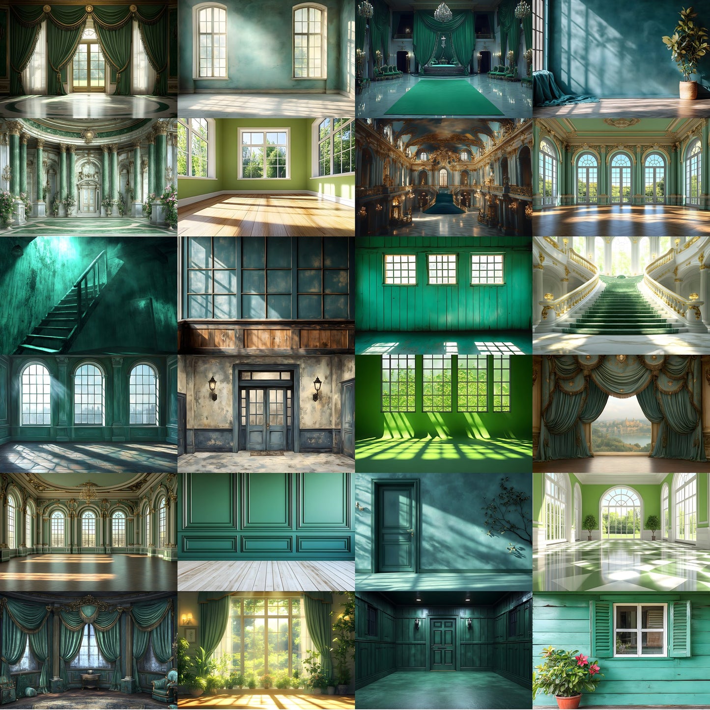 Royal Green Interior Digital Backdrop Set, Elegant Home Photography Backgrounds, for Stunning Visuals, High-Quality Images for Creative Projects