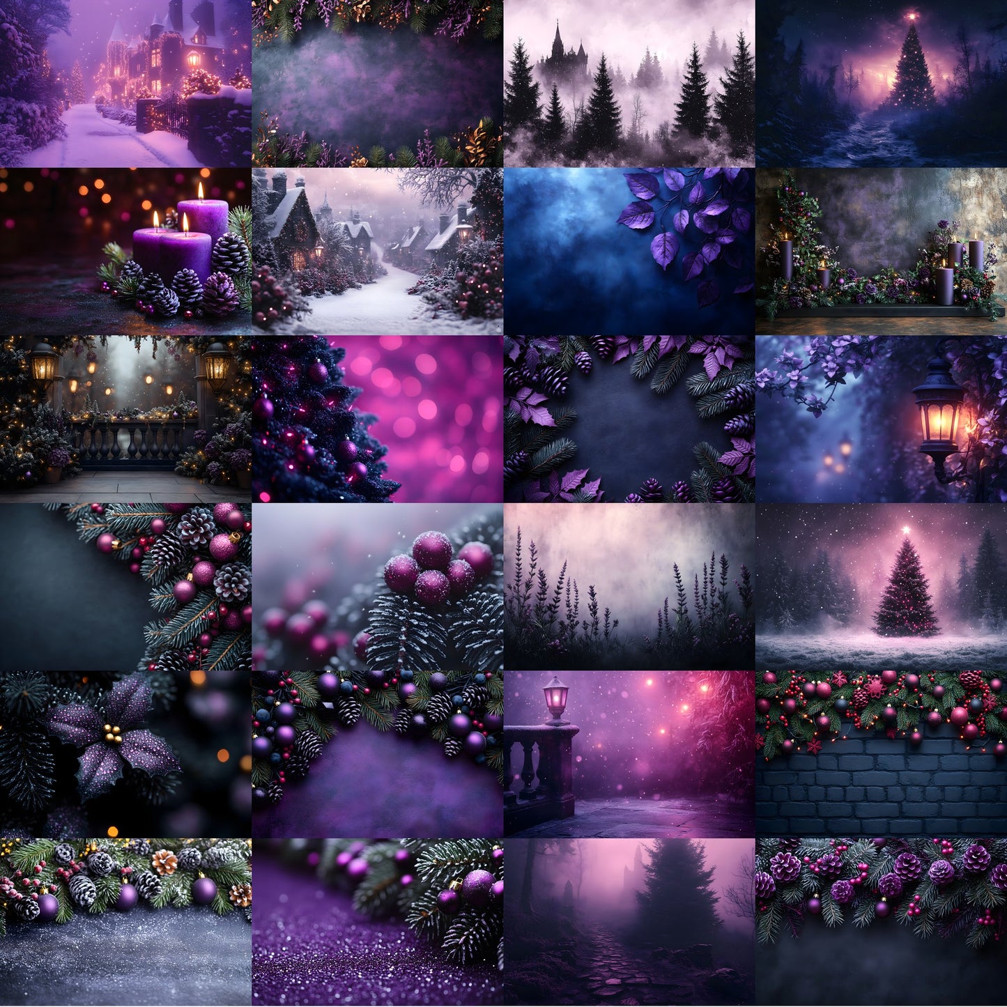 Gothic Purple Christmas Backdrop Set, Fantasy Holiday Backgrounds for Photography, Dark Festive Digital Backdrops, Winter Photo Overlays