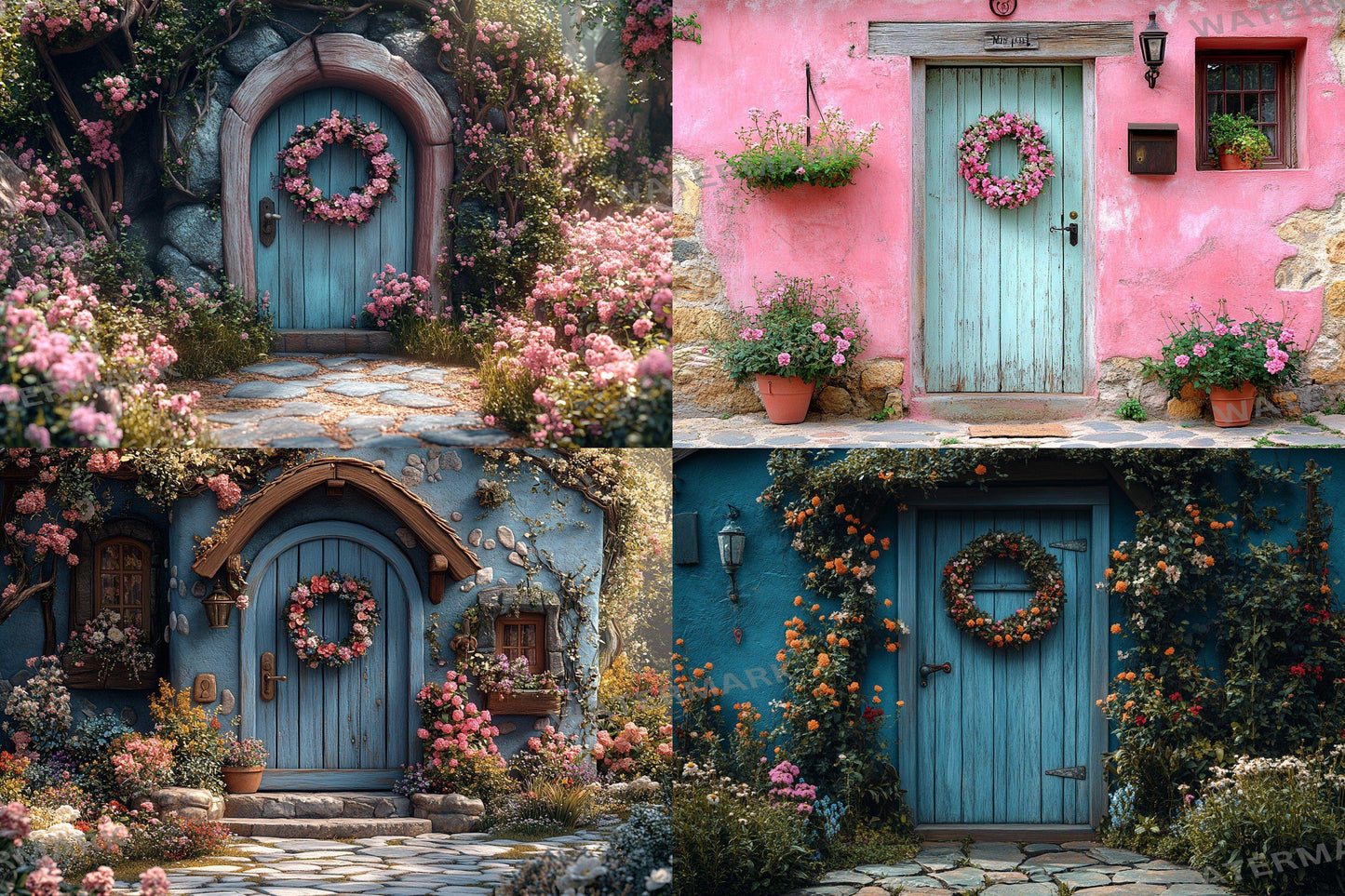 Pastel Cottage Door Backdrops, Fairy Tale Digital Backgrounds, Whimsical House Photography Props, Floral Entrance Composites