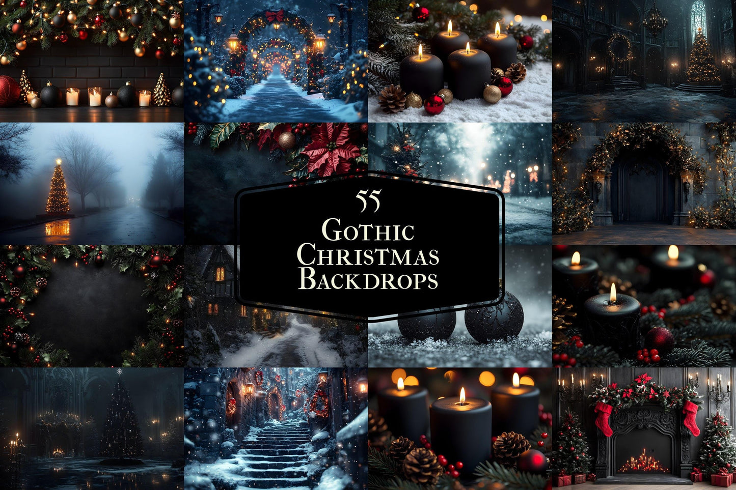 Gothic Christmas Backdrops, Black Christmas Backdrop, Gothic Festive Dark Hue Christmas Photography Backgrounds, Photoshop - 3:2 Ratio