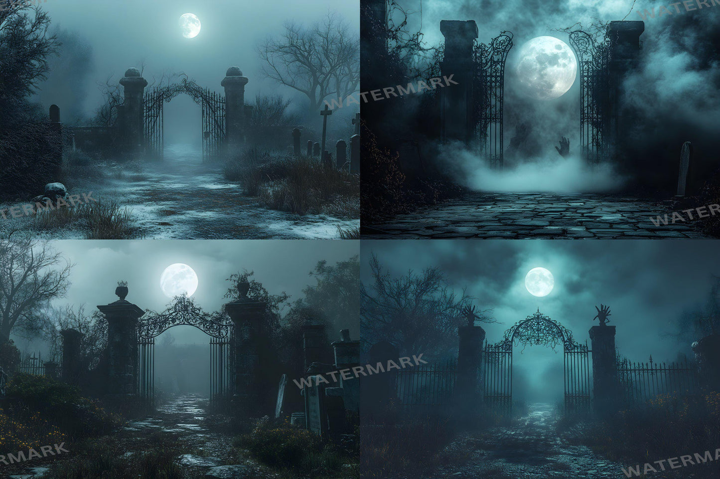 Spooky Graveyard Gate Backdrop | Gothic Digital Background | Halloween Photography Scene