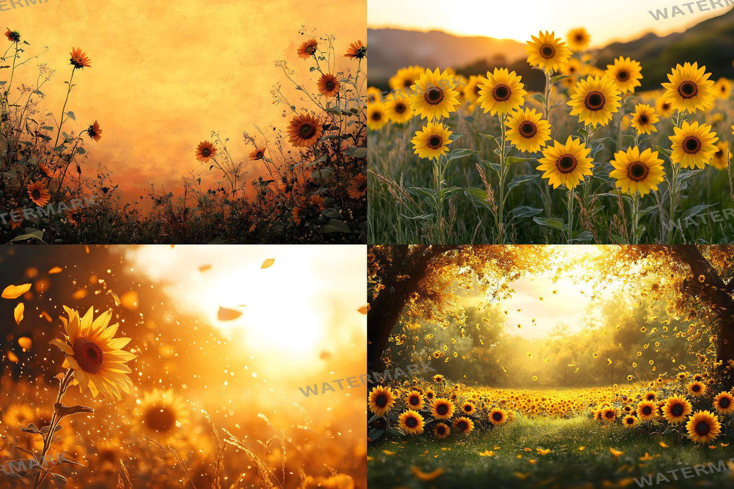 Sunset Sunflowers Backdrops - Golden Hour Field Digital Backgrounds, Rustic Floral Photography Backdrop, Summer Aesthetic