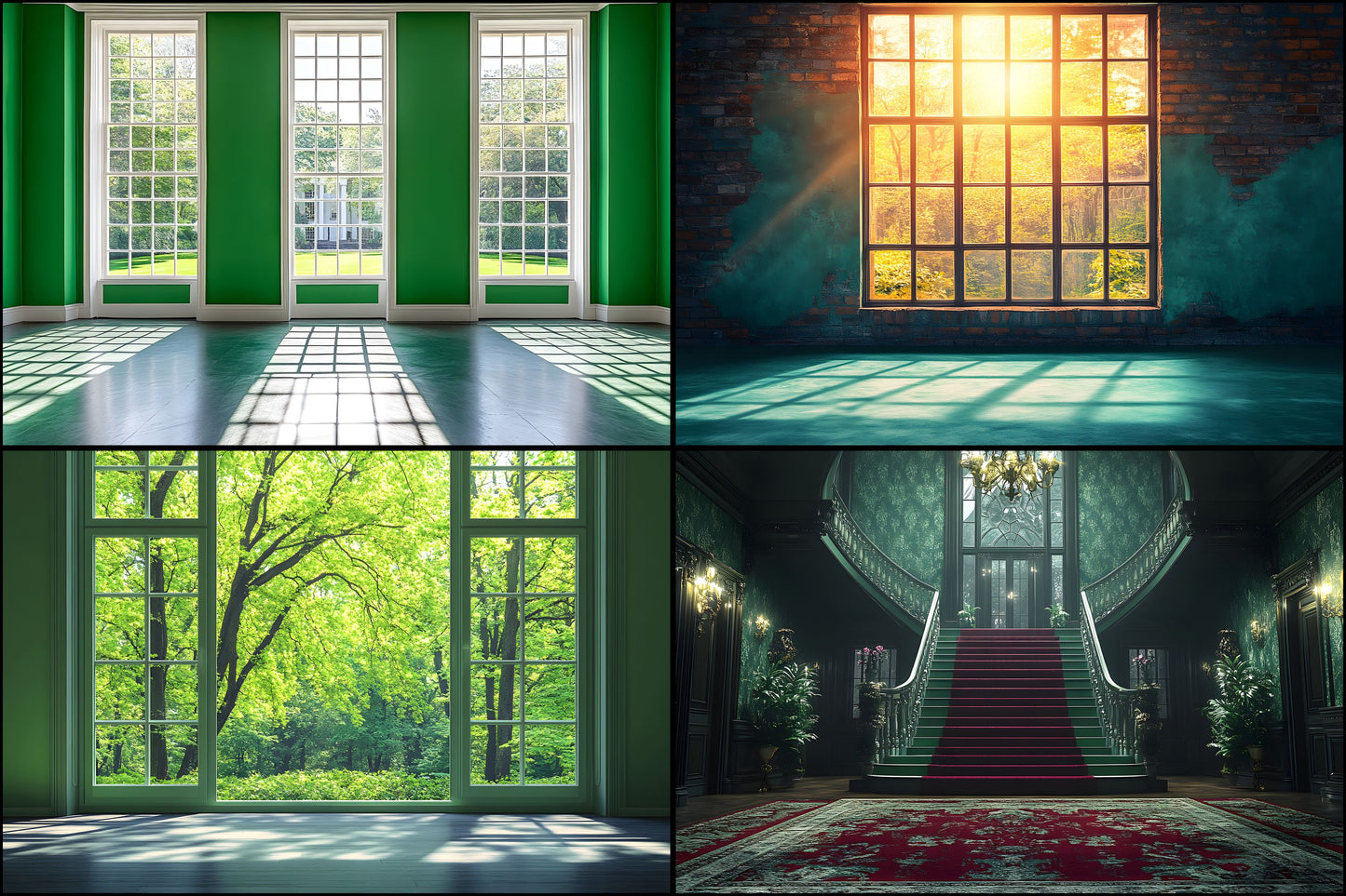 Royal Green Interior Digital Backdrop Collection, Photography Backgrounds, Elegant Home Photo Overlays, High-Resolution Images for Composites
