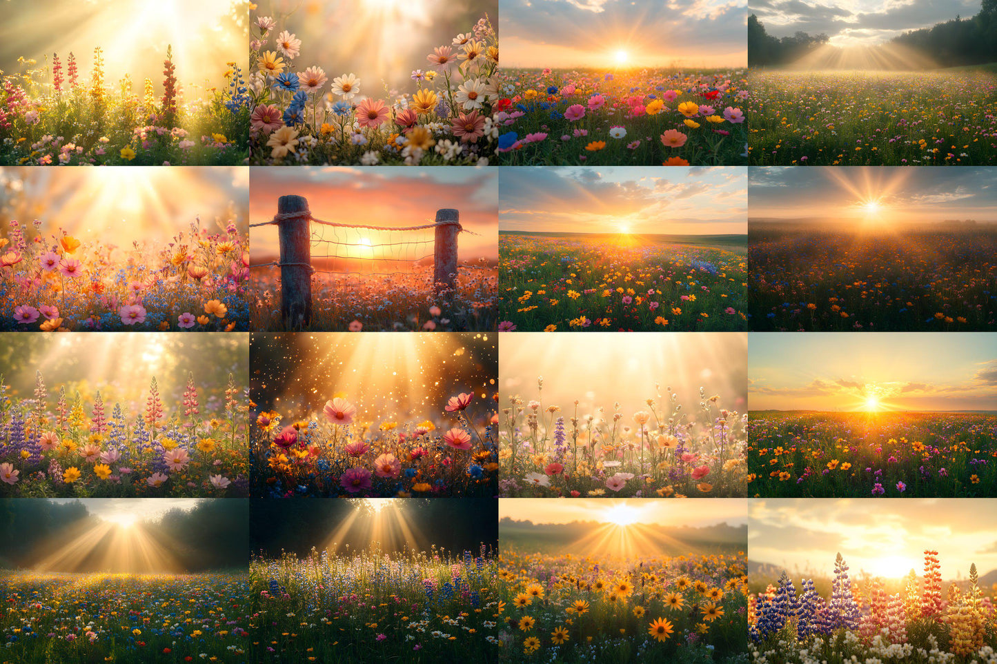 Wildflower Sunrise Digital Backdrops - Golden Hour Meadow Backgrounds, Nature Landscape Photography Overlay - Floral Photoshop Composites