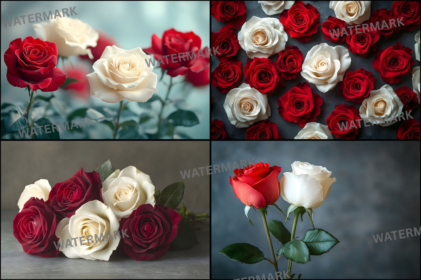 White Red Roses Photography Backdrop, Elegant Floral Background for Portraits, Wedding Photo Booth, Digital Download, Ratio