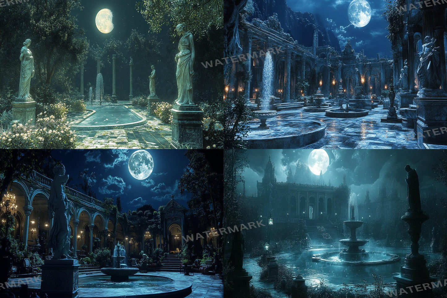 Moonlit Palace digital backdrop, 16:9 ratio. Majestic palace under the glow of the moon, perfect for streaming backgrounds or TV wallpaper
