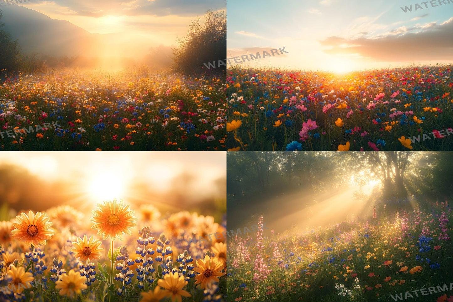 Wildflower Sunrise Digital Backdrops - Golden Hour Meadow Backgrounds, Nature Landscape Photography Overlay - Floral Photoshop Composites