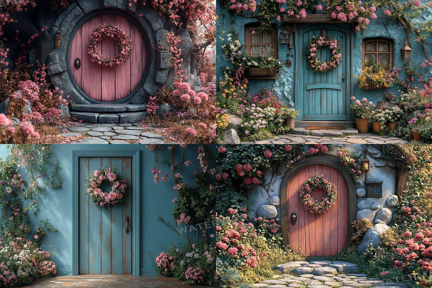 Pastel Cottage Door Backdrops, Fairy Tale Digital Backgrounds, Whimsical House Photography Props, Floral Entrance Composites