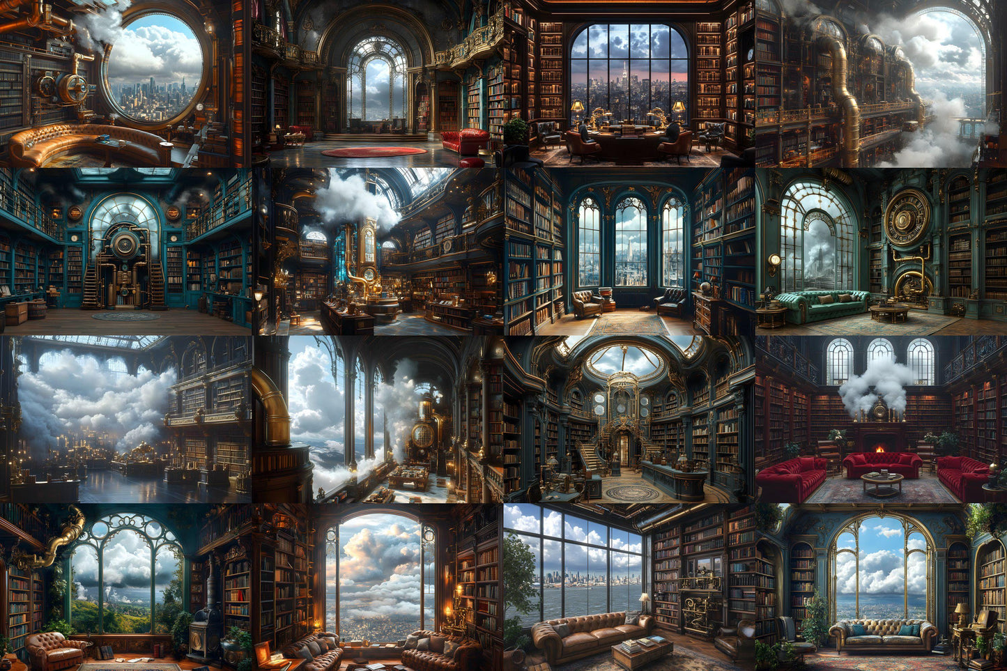 Steampunk Library Charm Backdrops | Vintage Study | Steampunk Bookshelves | Gothic Reading Nook | Digital Backgrounds