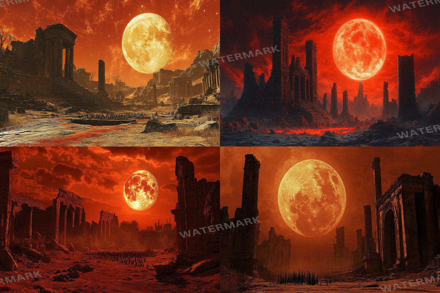 Blood Orange Moon streaming background, 16:9 ratio. Dark sky with a fiery orange moon, perfect for TV wallpaper or digital backdrops